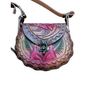 Beautiful Tooled Leather Crossbody Purse Floral Rose Colored Made in Mexico